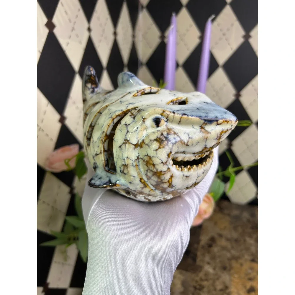 Ceramic Shark Lantern‎ Votive Candle Holder Coastal Nautical Decor